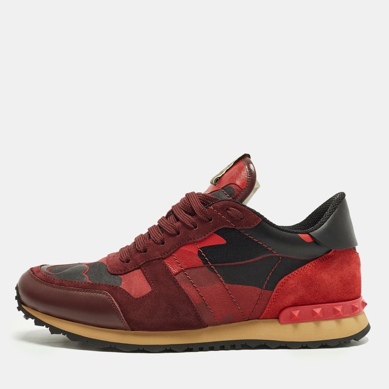 Valentino Rockrunner Size 42.5 Red Camouflage Suede And Leather Lace Up
